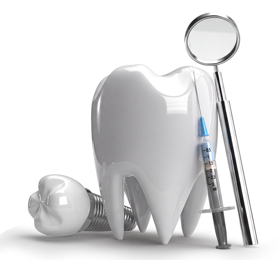 3D model of a white molar beside a dental implant, syringe and dental mirror